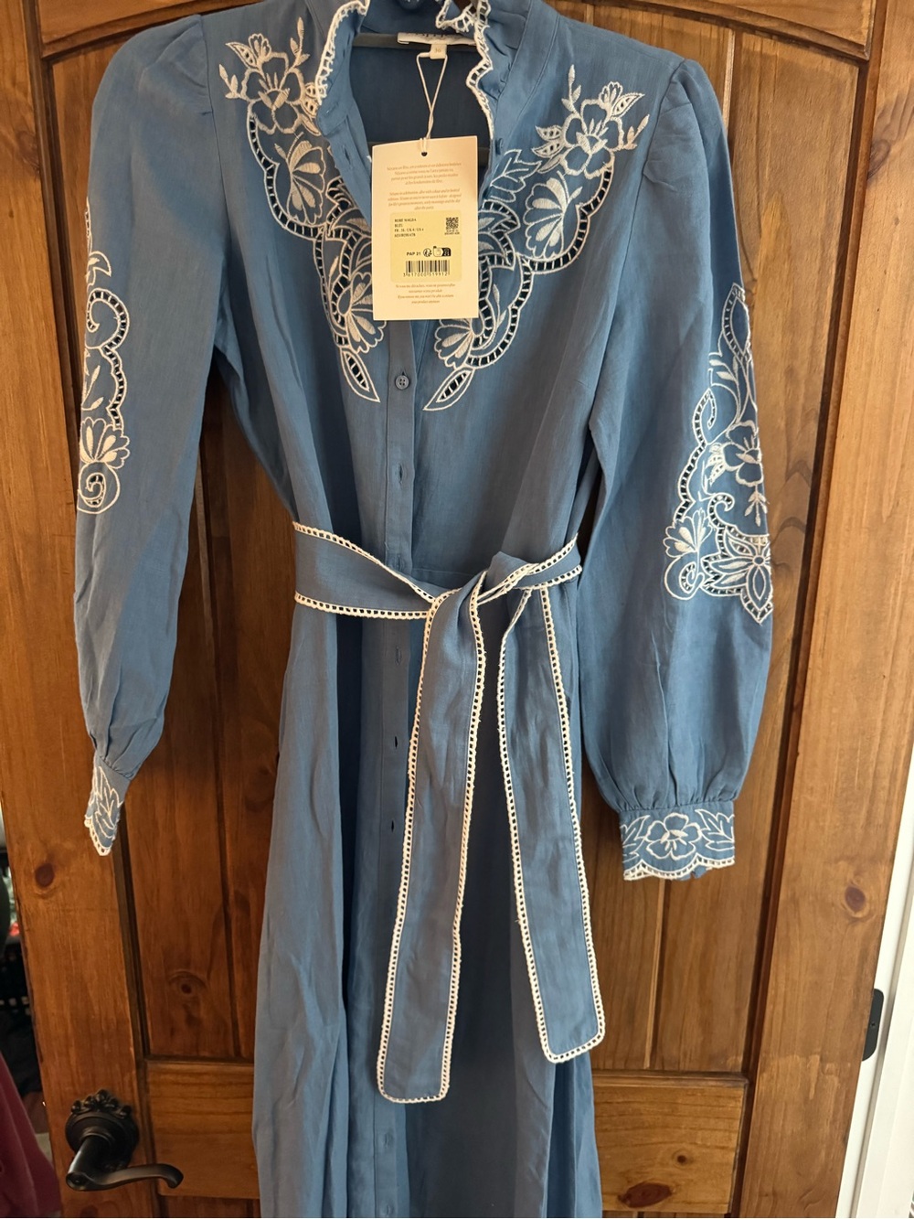 Sezane MAGDA Dusty Blue Embroidered Maxi Dress with Self-Tie Belt